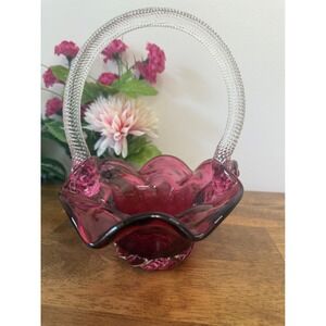Vintage Cranberry Art Glass Basket Ruffled Rim, Clear Twisted Handle,‎ MCM Decor
